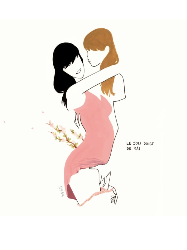 Petites Luxures drawing of two figures embracing, one with pink dress