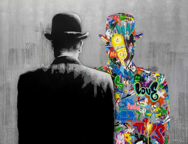 black and white image of the back of a man wearing a bowler hat. A reflection of the man is in front of him made from graffiti