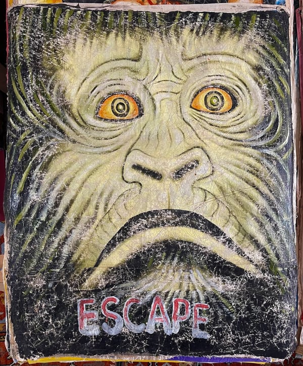 Deadly Prey (Mr. Brew) Escape, 2010’s oil and enamel on flour sack 56 x 46 in 142.2 x 116.8 cm