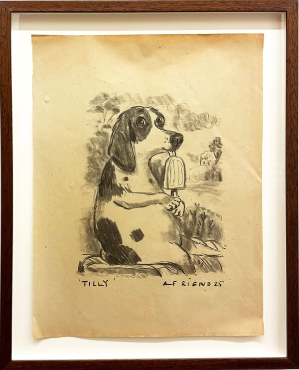 charcoal drawing of a dog licking a popsicle