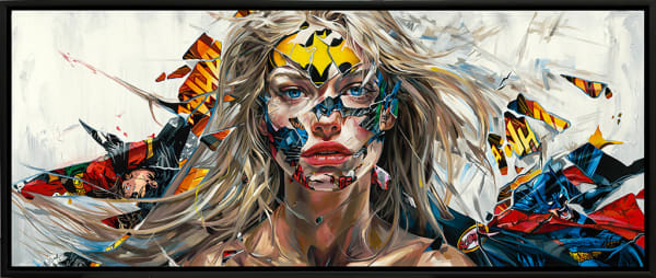 painting of a blond woman with tears in the image revealing comic book images over a light background framed