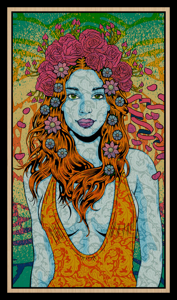 Chuck Sperry Bertha, 2024 7 color screen print on white oak panel 32 x 18 1/2 in 81.3 x 47 cm