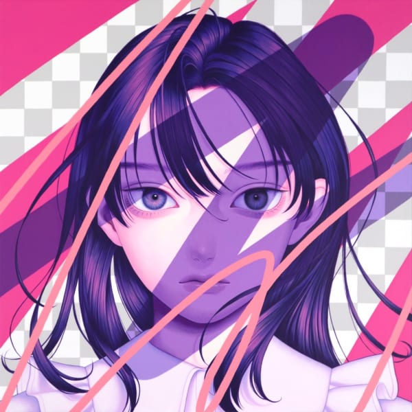 Painting by Mayumi Konno for "Supersonic Invitational X". Portrait of woman with purple and pink strokes across her face.