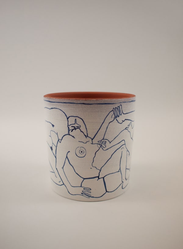 Mattie Hinkley ceramic vase with naked humans painted around the perimeter