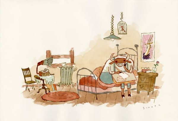 an ox writing on a piece of paper in bed from the book "XO OX A Love Story"