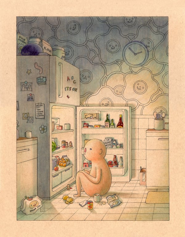 drawing of a person sitting at the refrigerator by Felicia Chiao