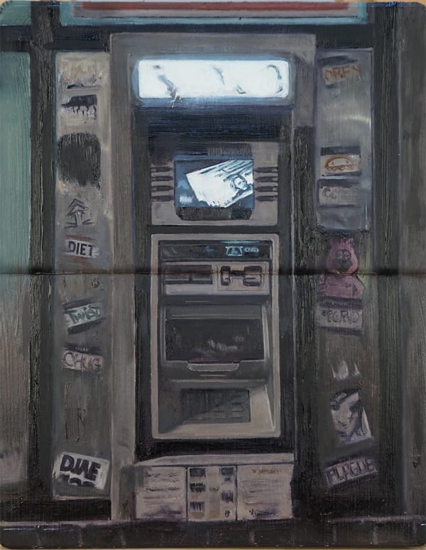 Painting of a worn down ATM machine with several stickers covering the outside.