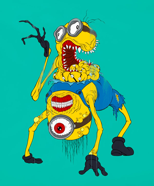 Painting of mutant minion with several other minions coming out of its body by Alex Pardee