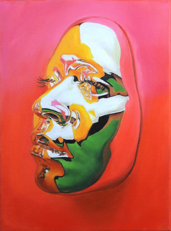 painting of a chrome mask of a woman's face by Kip Omolade