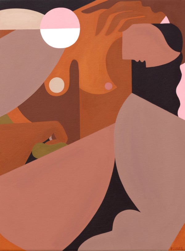 Abstract painting of a woman hunched over with her arm over her neck.