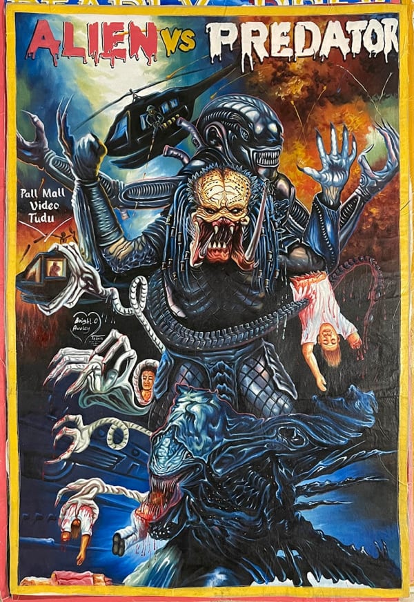 Deadly Prey (Bright Obeng) Alien Vs Predator, 2022 oil and enamel on flour sack 59 x 39 in 149.9 x 99.1 cm