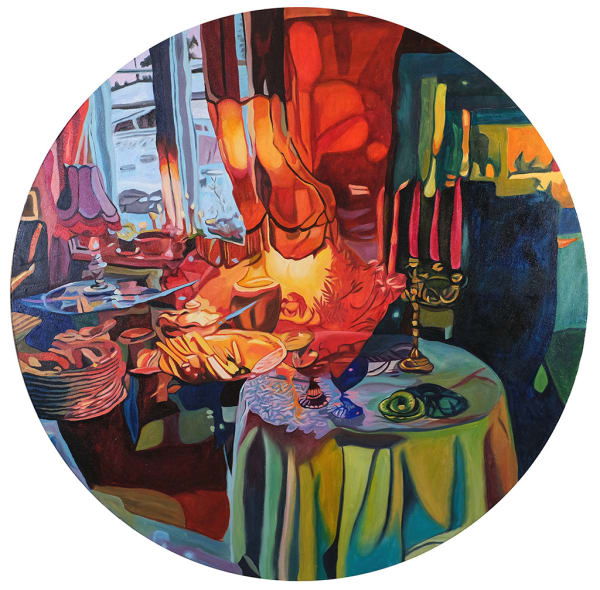 Circular painting of an abstract dining room table with candle sticks on the table and food under distorted light
