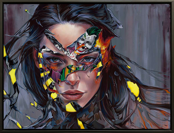 portrait of a dark haired woman with images of comic book joker spliced with her face framed
