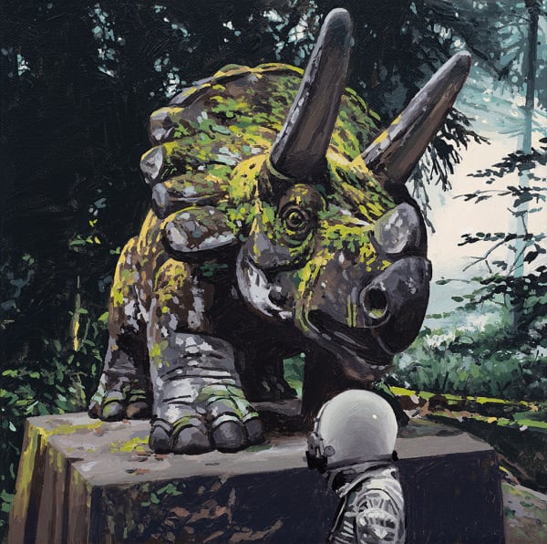 Painting by artist Scott Listfield depicting an astronaut in a white suit facing a moss-covered statue of a Triceratops situated in a forest