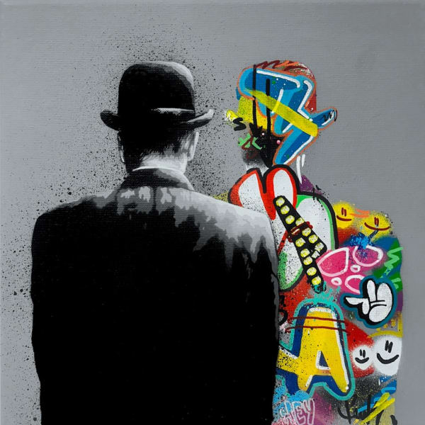 black and white image of the back of a man wearing a bowler hat. A reflection of the man is in front of him made from graffiti