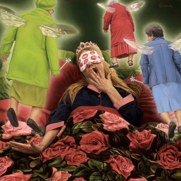 Painting of princess Aurora sleeping in a bed surrounded by three floating fairies