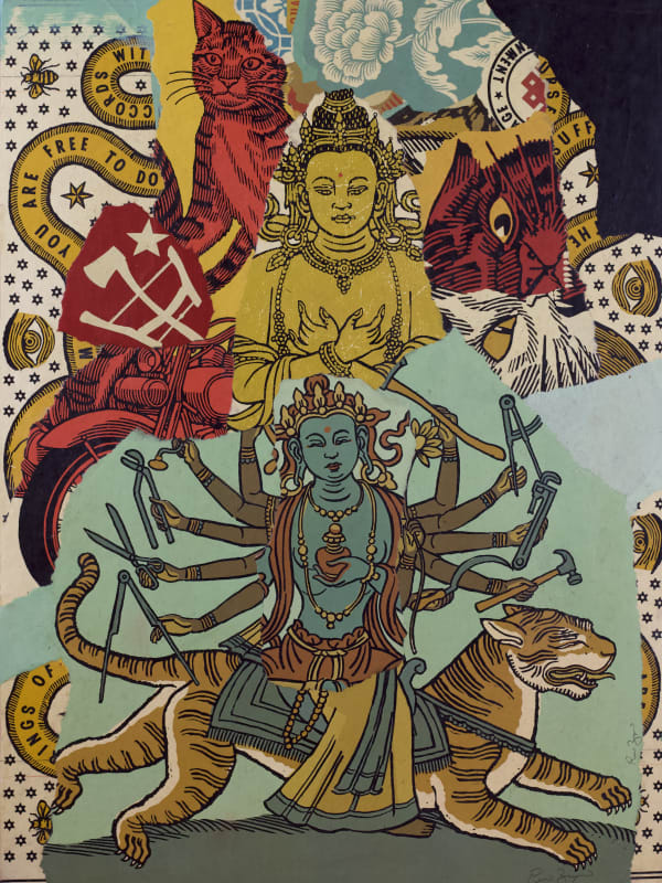 collage of torn up screen prints of religious and historical symbols