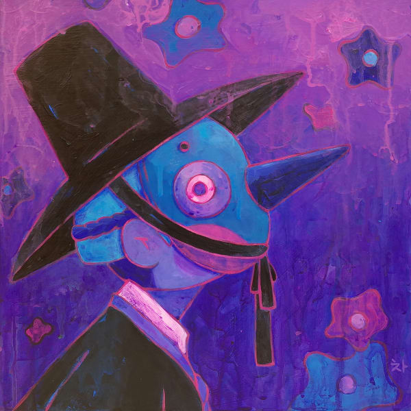 Painting by Young-Ji Cha for "Supersonic Invitational X". Profile of person with a bird mask and black brimmed hat. Abstract floral background.