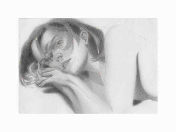 Drawing by Paulette Jo for "Supersonic Invitational X". Portrait of a woman in double vision.