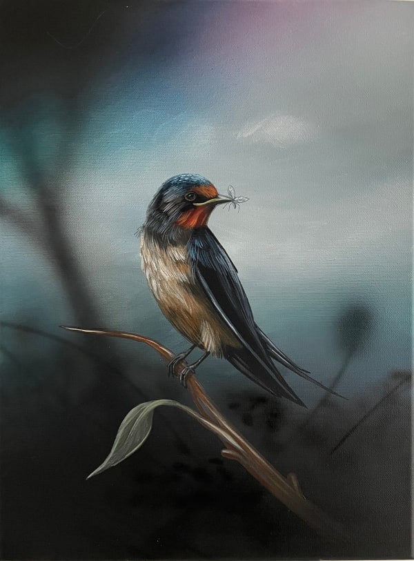 Painting of a blue bird on a branch with a small bug in its beak.