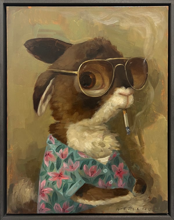 painting of a rabbit smoking a cigarette and wearing aviator sunglasses and a floral shirt