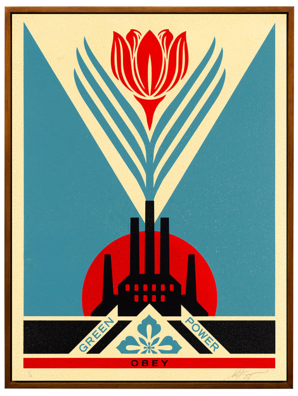 factory outline with a lotus flower growing out from one of the smoke stack with the text "Green Power" below it on a blue background