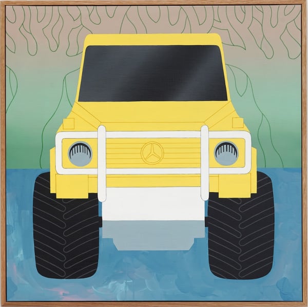 Painting of a yellow Mercedes facing forward with the outline of trees in the background in green