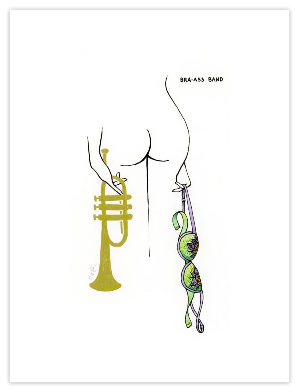 line drawing of a butt next to a french horn and bra