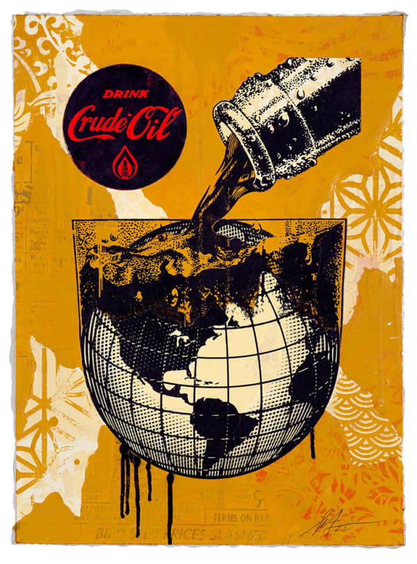top of a coca cola bottle being poured onto a globe with a coke logo in the left corner of a dark yellow patterned background