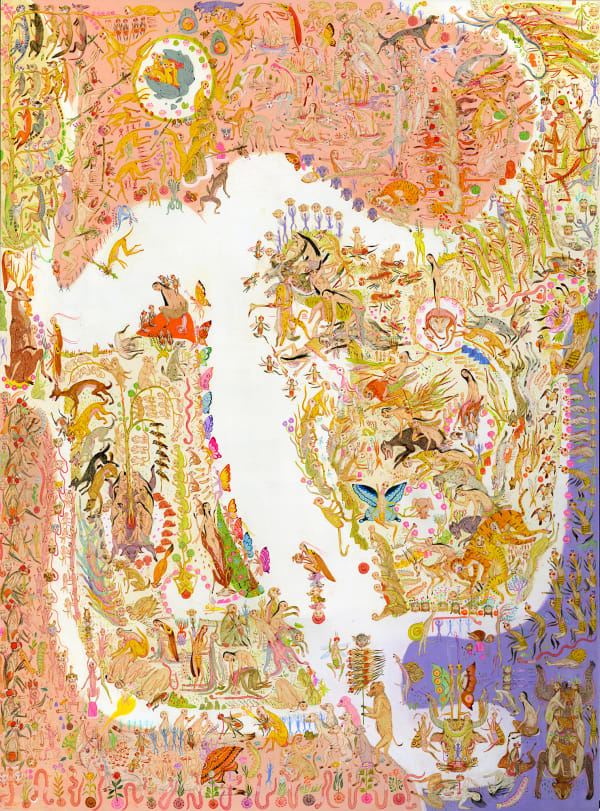 Mu Pan painting of animals and human hybrid creatures eating, fighting, sleeping, etc