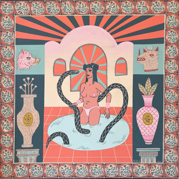 Painting of a topless woman standing in a pool of water with a snake circling around her and face to face with the snack. in the background are two different pig heads and two vases.