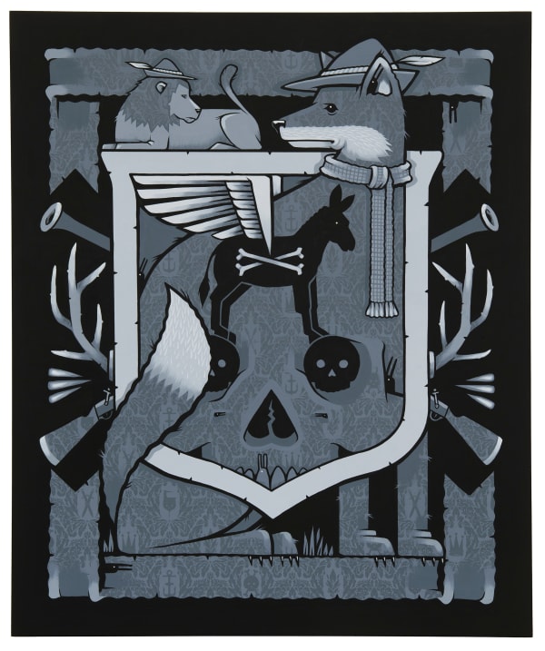 Gray-scale painting of a crest like composition depicting a fox wearing a robin-hood-esque hat with a feather, a lounging lion wearing the same hat, a shadow of a donkey with wings, and skull elements throughout by artist Jeremy Fish