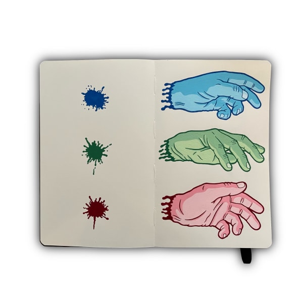 Painting of a blue hand, a green hand and a red hand with small splatters of paint on the opposite page the same colors as the hands