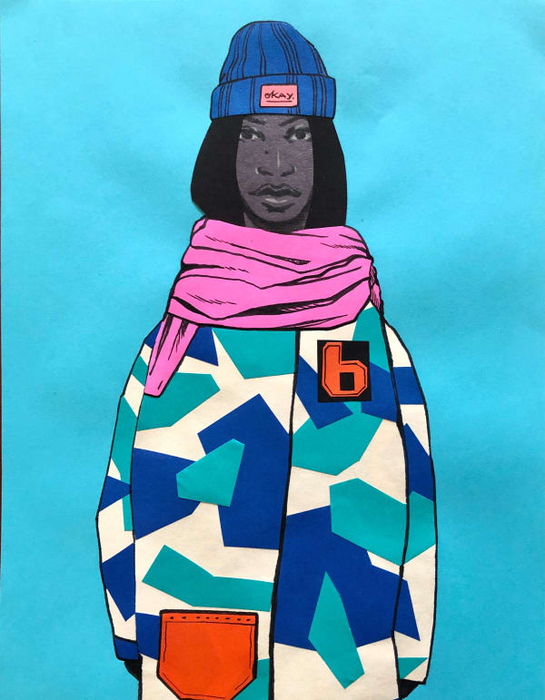 Dennis Brown's piece on paper of a woman wearing a beanie and jacket with a pattern