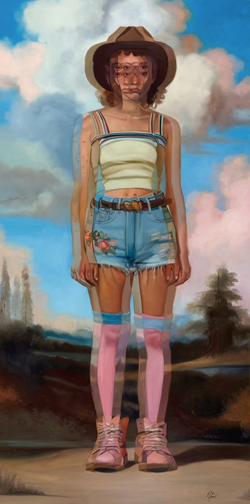 painting of a girl wearing a cowboy hat, tank top, jean shorts, and tall pink socks by Alex Garant