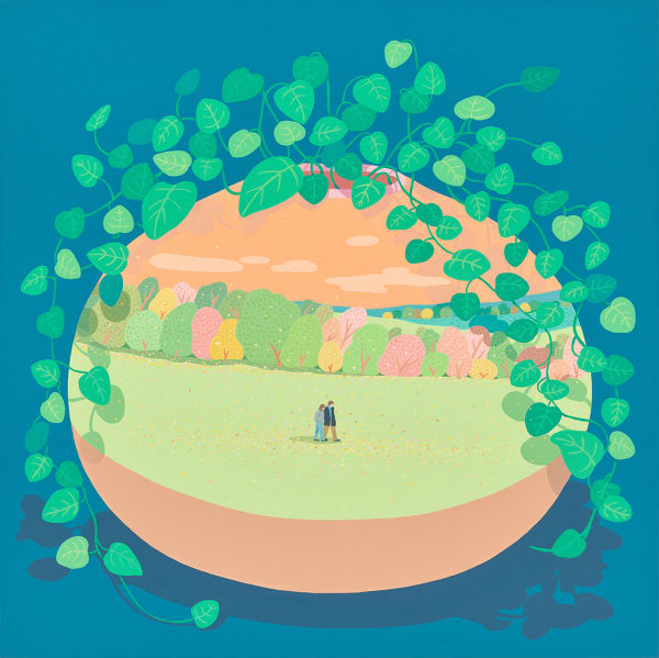 Danym Kwon - painting of a vase with plants in front of a duck blue background. On the vase painted a couple walking through a lawn in front of orange sky and a colorful forest of green, pink , and yellow.