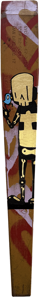 wooden beam with a gold robot holding a blue bird