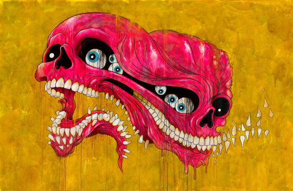 Painting by Alex Pardee of two pink skulls combined together with several eyeballs on a yellow background