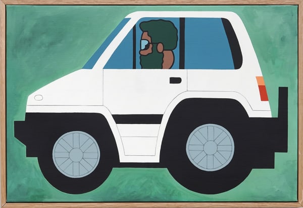 Painting of a white car on a blue background with a man wearing sunglasses, dark afro and dark beard sitting in the drivers seat