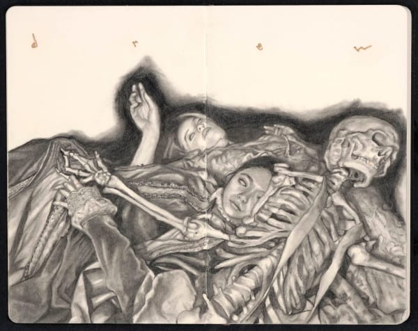 Drawing of two women laying down without pupils and covered in blankets and a skeleton laying next to them