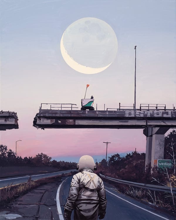 Painting by artist Scot Listfield depicting an astronaut in a white suit on a freeway, facing a partially destroyed bridge. On the bridge is a small motorized robot with a red flag and behind it is a crescent moon.