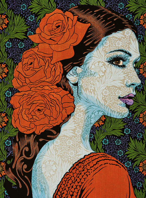 blue woman looking off to the side with large flowers