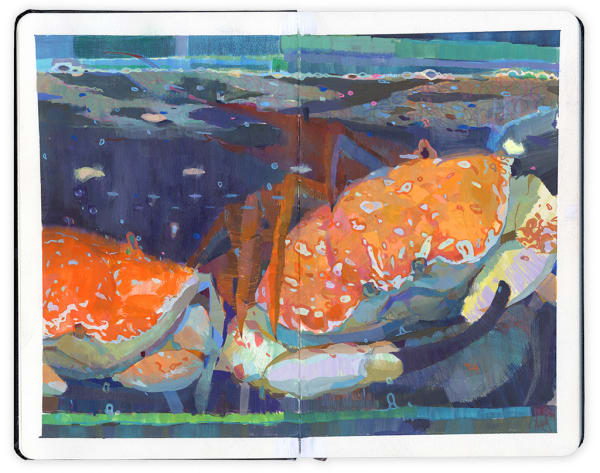 Angela Sung - painting of orange crabs in fish tank