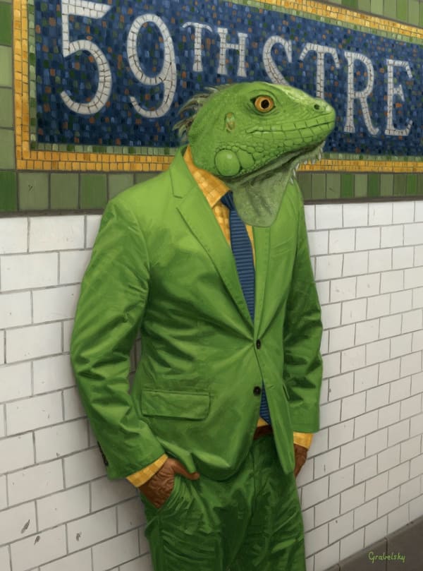 painting of a man with a lizard head in a suit standing on the 59th st subway platform