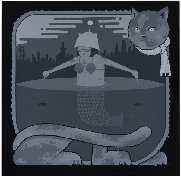 Painting of a mermaid inside of a cat by Jeremy Fish