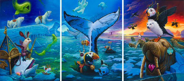 Dulk triptych with polar bears, whales, puffins and walrus
