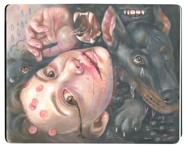 Painting of a woman's face with two angry black dogs next to her
