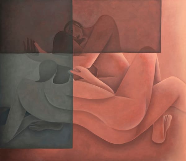 Painting by Laura Berger of two naked figures facing each other, one with its back towards the viewer. Two dark color blocks lay over them cornering the upper left side of the canvas.