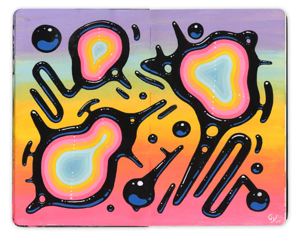 Grahm: painting on an open Moleskine notebook depicting abstract organic shiny black shapes against a pastel rainbow background by artist Graham Yarrington