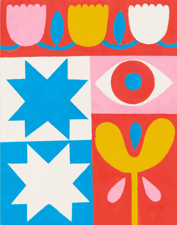 Abstract painting with blocked images featuring two stars, an eye and tulip flowers.